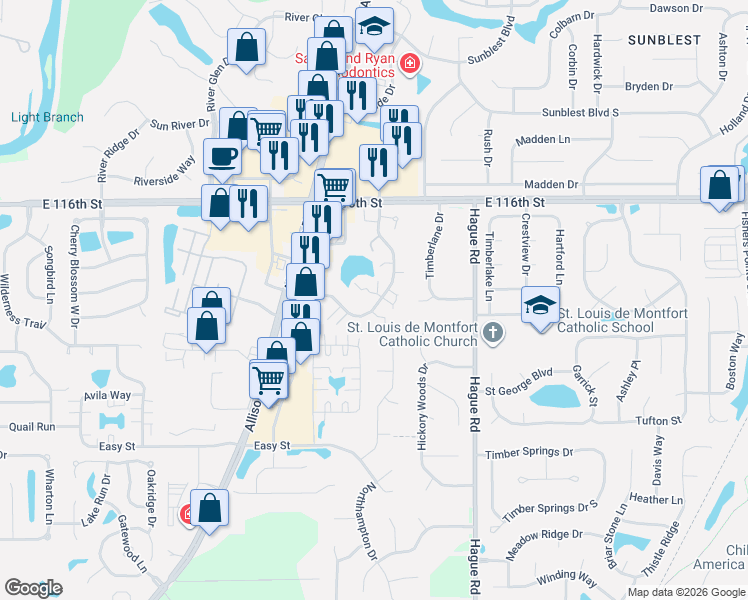 map of restaurants, bars, coffee shops, grocery stores, and more near 572 Conner Creek Drive in Fishers