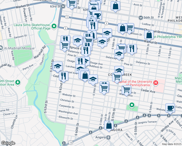 map of restaurants, bars, coffee shops, grocery stores, and more near 5935 Larchwood Avenue in Philadelphia