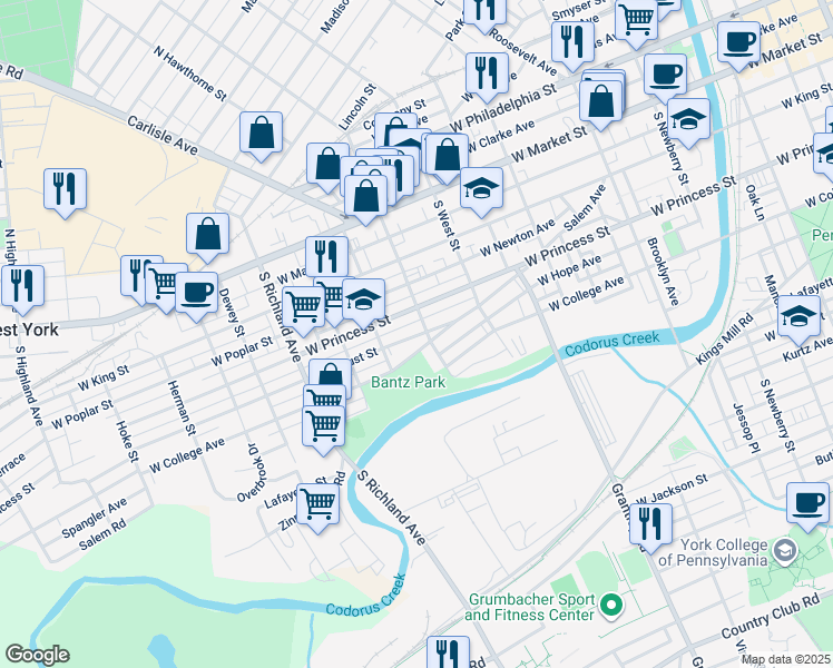 map of restaurants, bars, coffee shops, grocery stores, and more near 256 South Belvidere Avenue in York