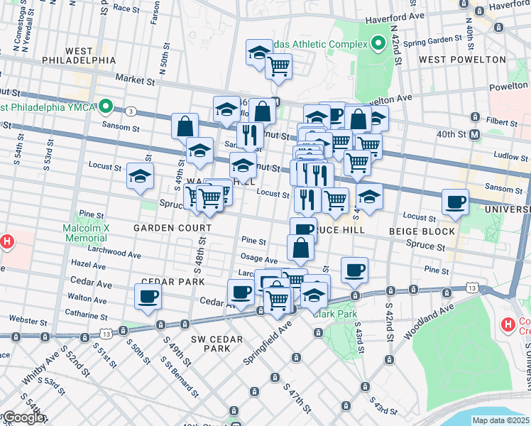 map of restaurants, bars, coffee shops, grocery stores, and more near 4611 Spruce Street in Philadelphia