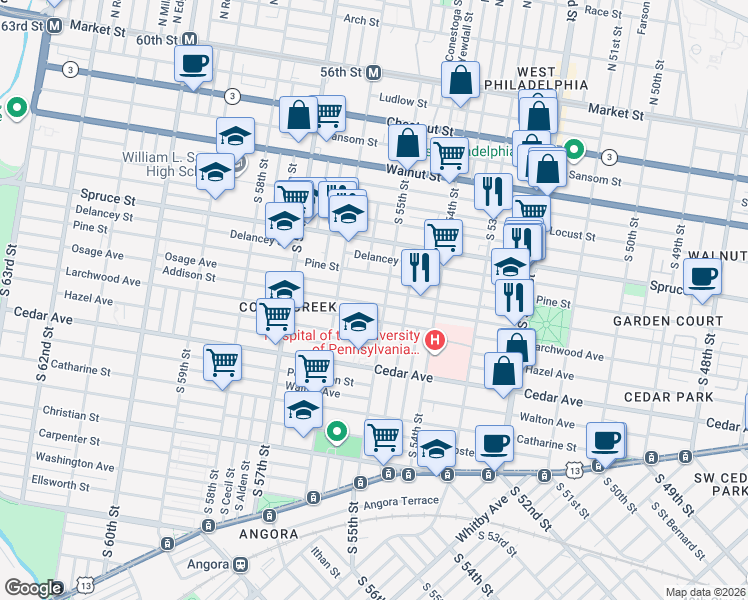 map of restaurants, bars, coffee shops, grocery stores, and more near 5500 Pine Street in Philadelphia