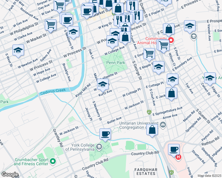 map of restaurants, bars, coffee shops, grocery stores, and more near 520 South Pershing Avenue in York