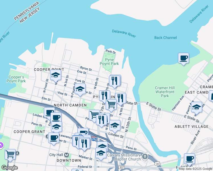 map of restaurants, bars, coffee shops, grocery stores, and more near 907 North 7th Street in Camden