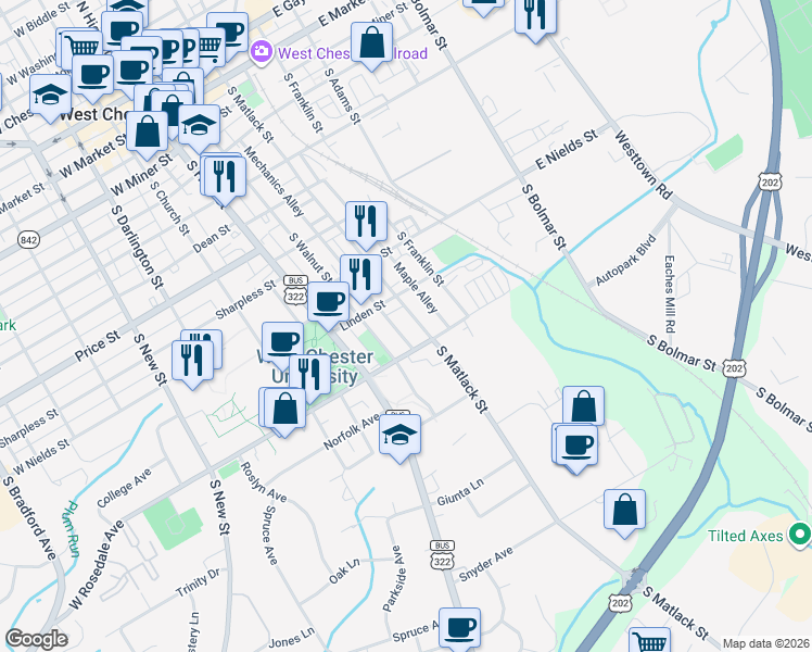 map of restaurants, bars, coffee shops, grocery stores, and more near 737 South Matlack Street in West Chester