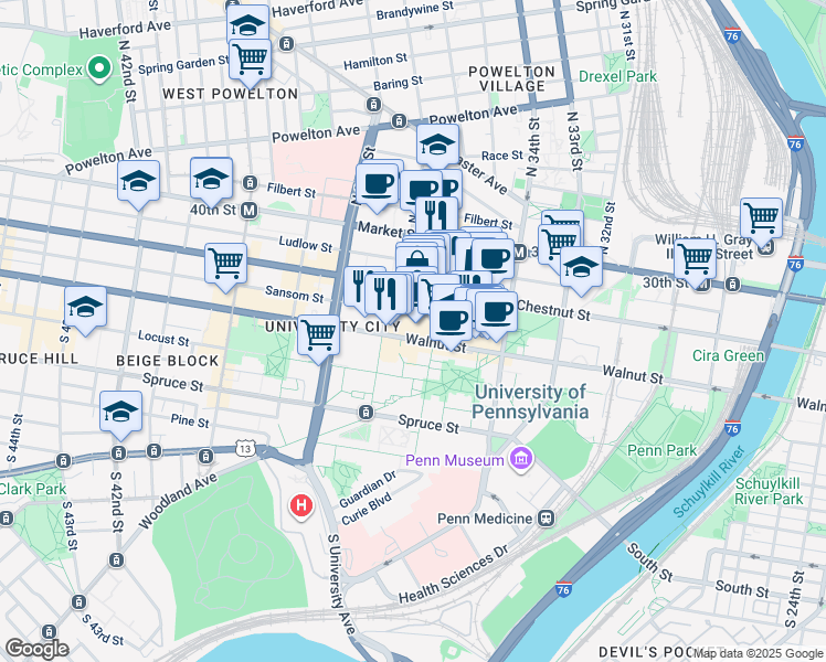 map of restaurants, bars, coffee shops, grocery stores, and more near 113 South 36th Street in Philadelphia