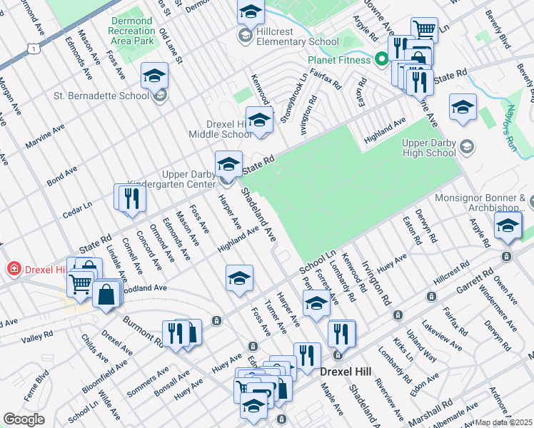 map of restaurants, bars, coffee shops, grocery stores, and more near 705 Shadeland Avenue in Drexel Hill