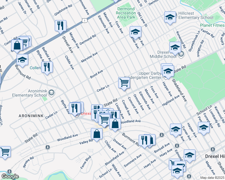 map of restaurants, bars, coffee shops, grocery stores, and more near 4014 Cedar Lane in Drexel Hill