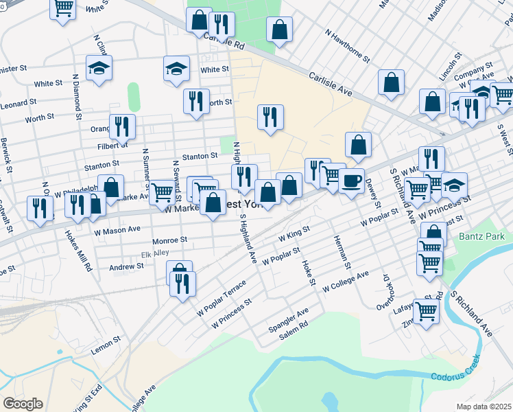 map of restaurants, bars, coffee shops, grocery stores, and more near 1344 West Market Street in York