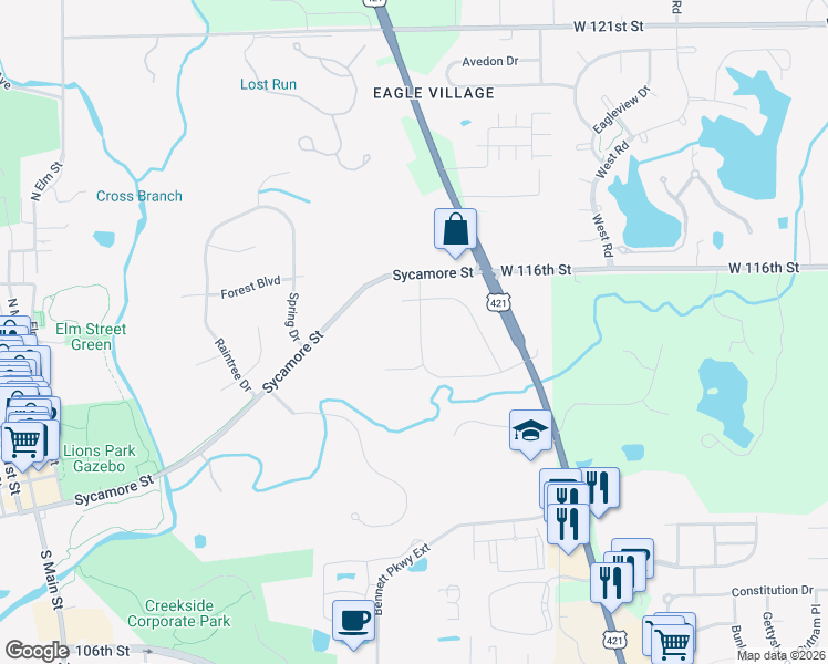 map of restaurants, bars, coffee shops, grocery stores, and more near 11677 East State Road in Zionsville