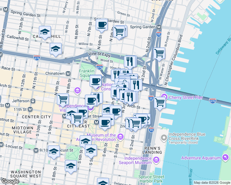 map of restaurants, bars, coffee shops, grocery stores, and more near 153 North 4th Street in Philadelphia