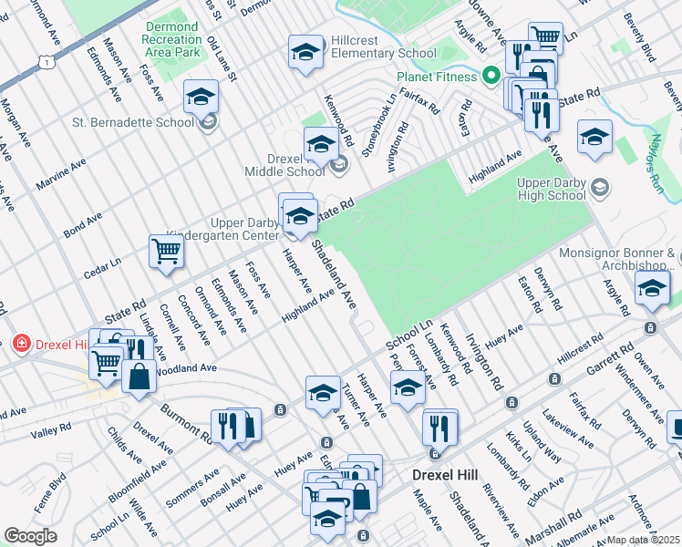 map of restaurants, bars, coffee shops, grocery stores, and more near 705 Shadeland Avenue in Drexel Hill