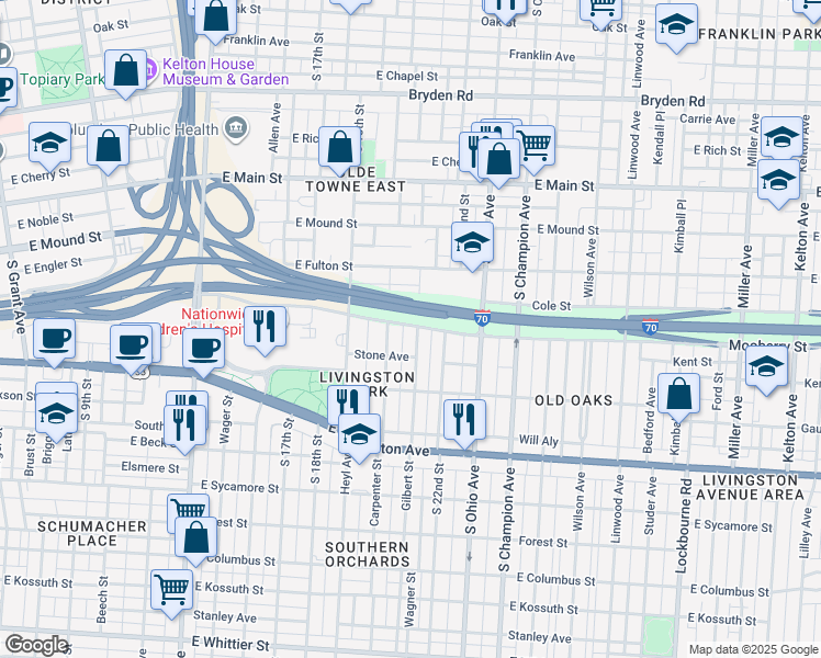map of restaurants, bars, coffee shops, grocery stores, and more near 913 Mooberry Street in Columbus