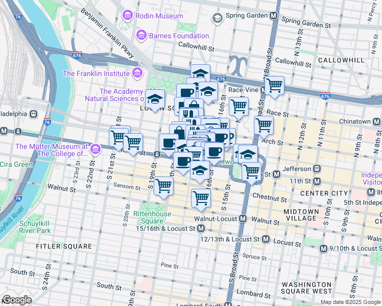 map of restaurants, bars, coffee shops, grocery stores, and more near 1701 Market Street in Philadelphia