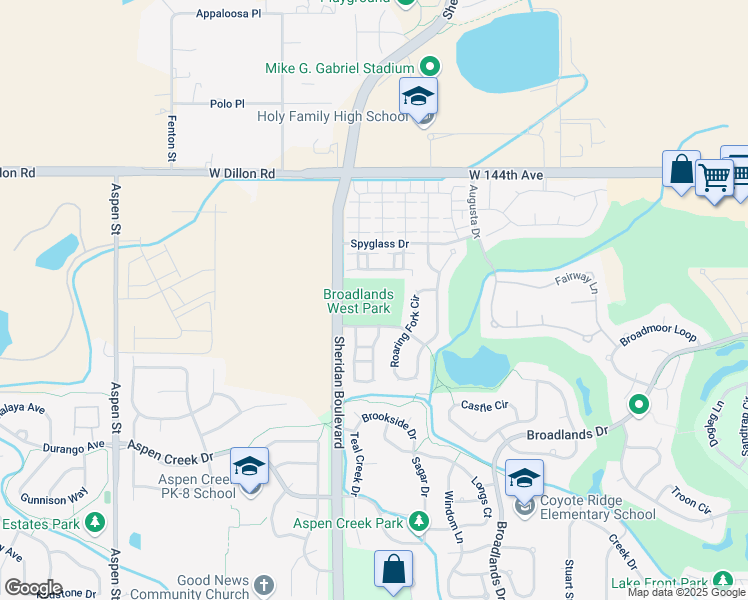 map of restaurants, bars, coffee shops, grocery stores, and more near 5042 Grey Wolf Place in Broomfield