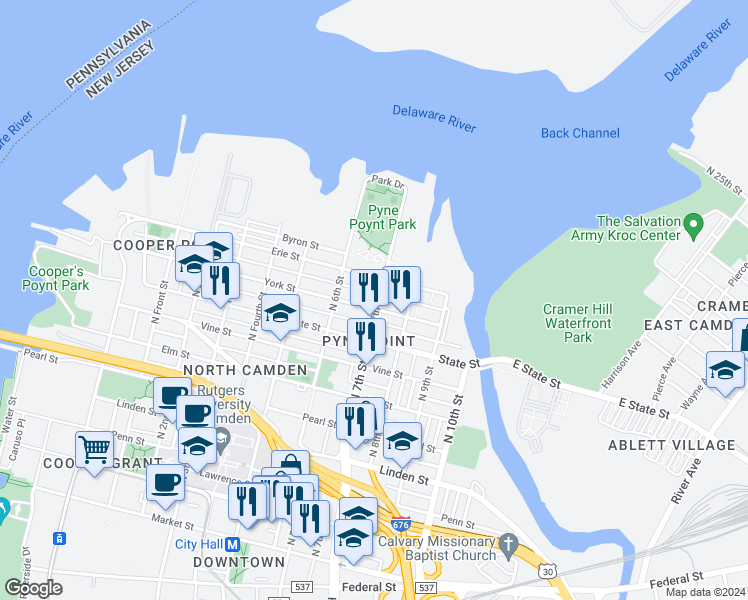 map of restaurants, bars, coffee shops, grocery stores, and more near 907 North 7th Street in Camden