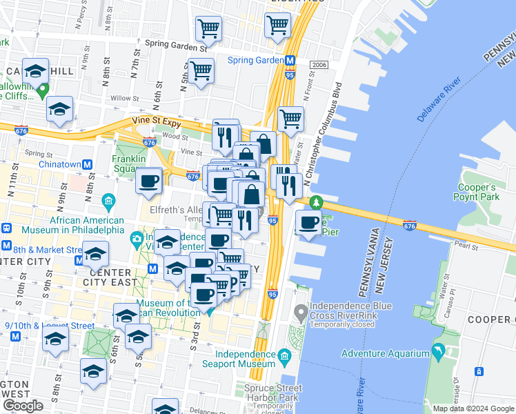 map of restaurants, bars, coffee shops, grocery stores, and more near 209 North 2nd Street in Philadelphia