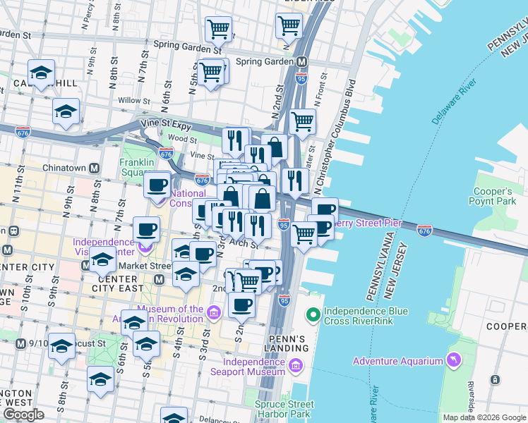 map of restaurants, bars, coffee shops, grocery stores, and more near 209 North 2nd Street in Philadelphia