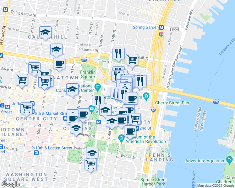 map of restaurants, bars, coffee shops, grocery stores, and more near 153 North 4th Street in Philadelphia
