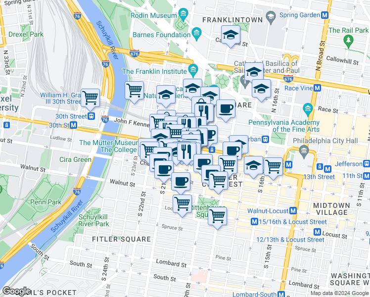 map of restaurants, bars, coffee shops, grocery stores, and more near 2001 Market Street in Philadelphia