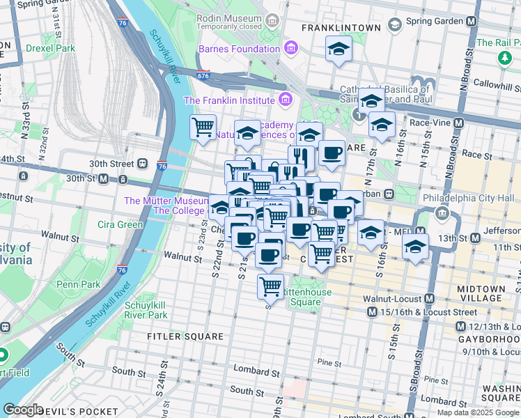 map of restaurants, bars, coffee shops, grocery stores, and more near 2001 Market Street in Philadelphia