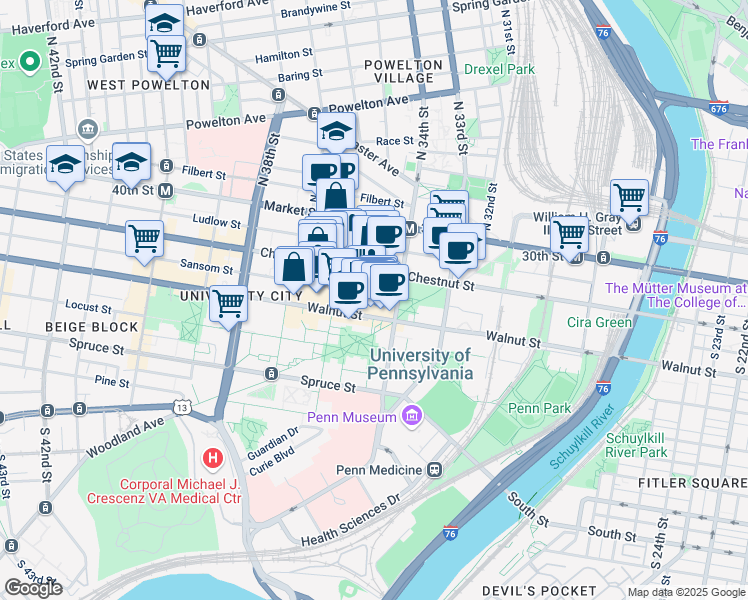 map of restaurants, bars, coffee shops, grocery stores, and more near 3443 Sansom Street in Philadelphia