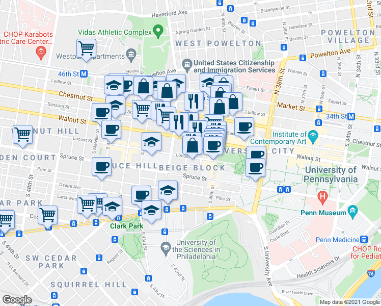map of restaurants, bars, coffee shops, grocery stores, and more near 223 South 41st Street in Philadelphia