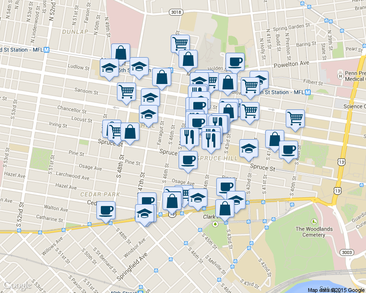 map of restaurants, bars, coffee shops, grocery stores, and more near 4520 Locust Street in Philadelphia