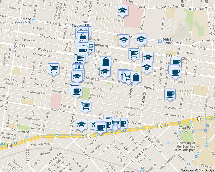 map of restaurants, bars, coffee shops, grocery stores, and more near in Philadelphia