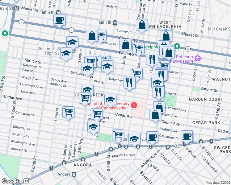 map of restaurants, bars, coffee shops, grocery stores, and more near 5500 Pine Street in Philadelphia