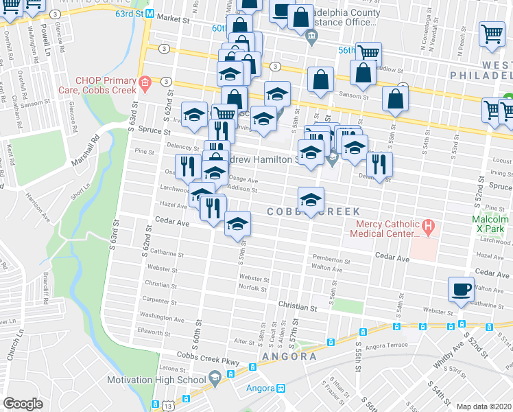 map of restaurants, bars, coffee shops, grocery stores, and more near 5852 Addison Street in Philadelphia