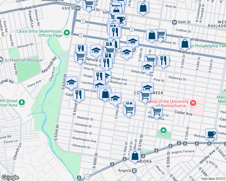 map of restaurants, bars, coffee shops, grocery stores, and more near 5935 Larchwood Avenue in Philadelphia