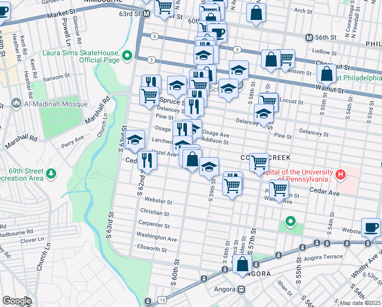 map of restaurants, bars, coffee shops, grocery stores, and more near 6017 Larchwood Avenue in Philadelphia