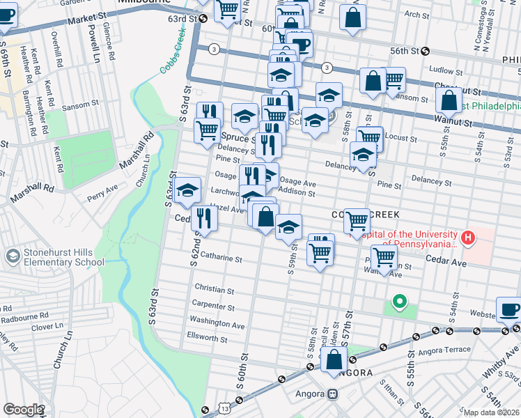 map of restaurants, bars, coffee shops, grocery stores, and more near 6017 Larchwood Avenue in Philadelphia