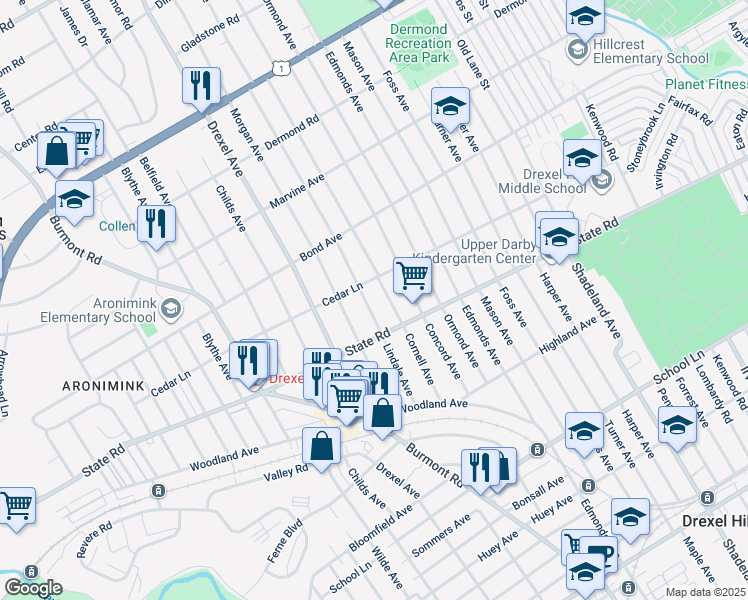 map of restaurants, bars, coffee shops, grocery stores, and more near 4014 Cedar Lane in Drexel Hill