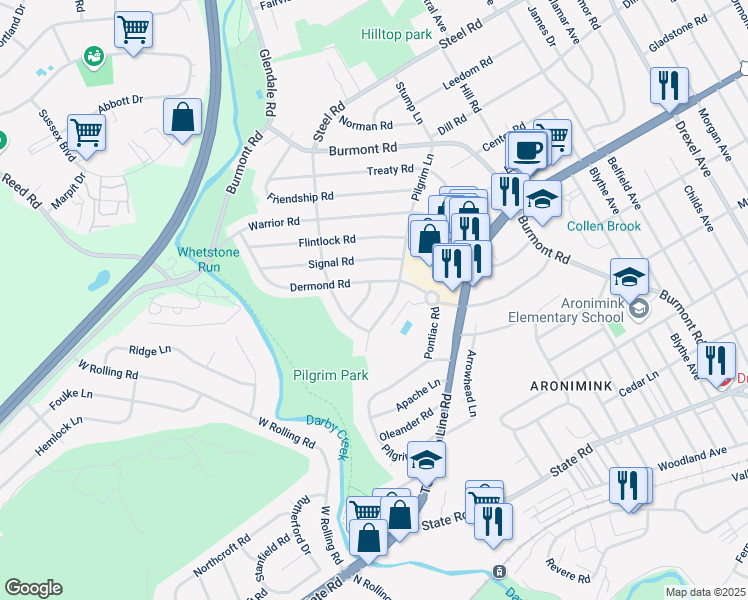 map of restaurants, bars, coffee shops, grocery stores, and more near 1206 Dermond Road in Drexel Hill