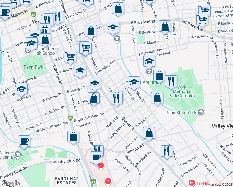 map of restaurants, bars, coffee shops, grocery stores, and more near 800 South Pine Street in York
