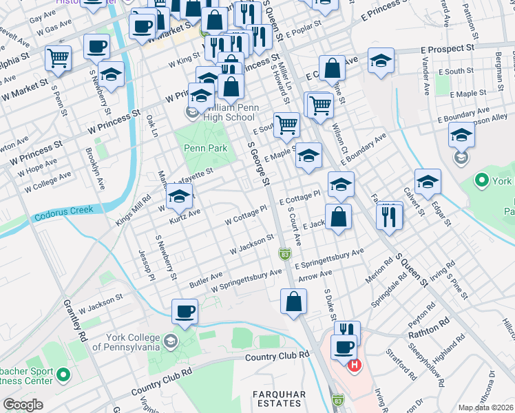 map of restaurants, bars, coffee shops, grocery stores, and more near 620 Interstate 83 Business in York