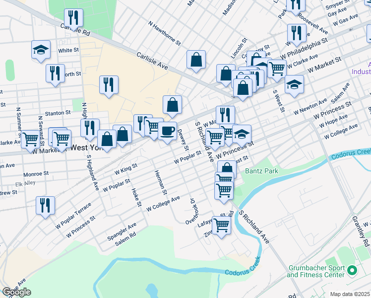 map of restaurants, bars, coffee shops, grocery stores, and more near 1041 West King Street in West York