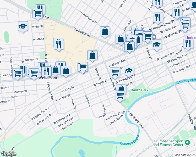 map of restaurants, bars, coffee shops, grocery stores, and more near 1041 West King Street in West York