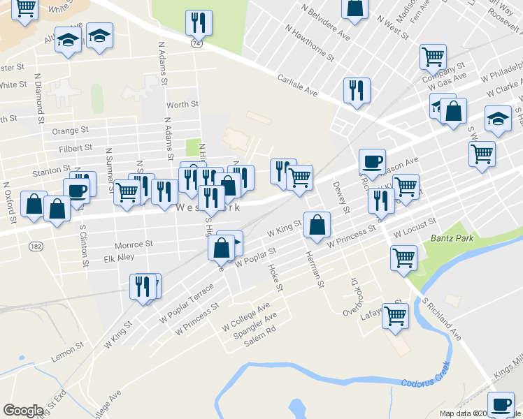 map of restaurants, bars, coffee shops, grocery stores, and more near 1263 West Market Street in West York