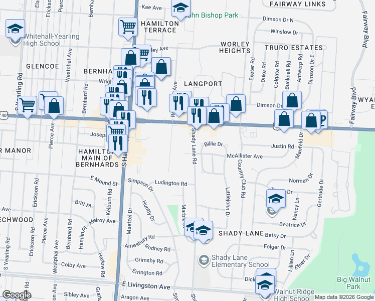 map of restaurants, bars, coffee shops, grocery stores, and more near 1065 Shady Lane Road in Columbus