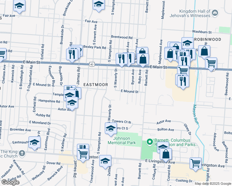 map of restaurants, bars, coffee shops, grocery stores, and more near 870 South Waverly Street in Columbus