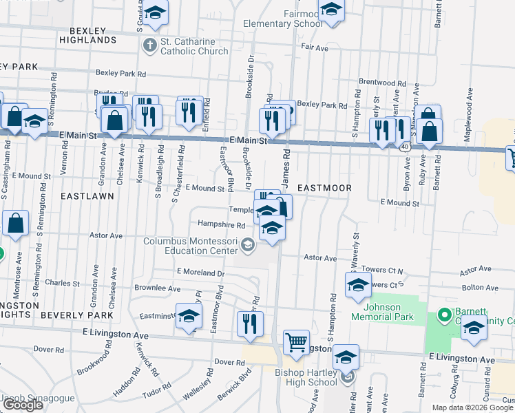 map of restaurants, bars, coffee shops, grocery stores, and more near 3029 East Mound Street in Columbus