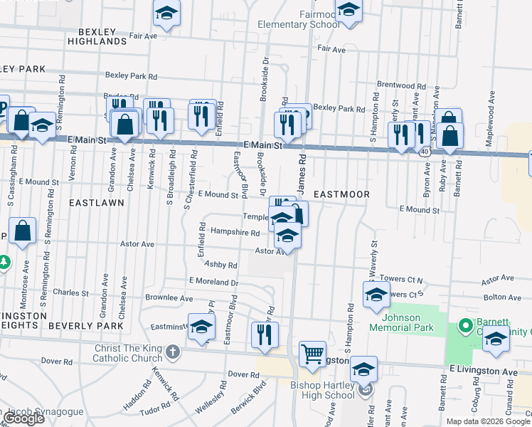 map of restaurants, bars, coffee shops, grocery stores, and more near 3029 East Mound Street in Columbus
