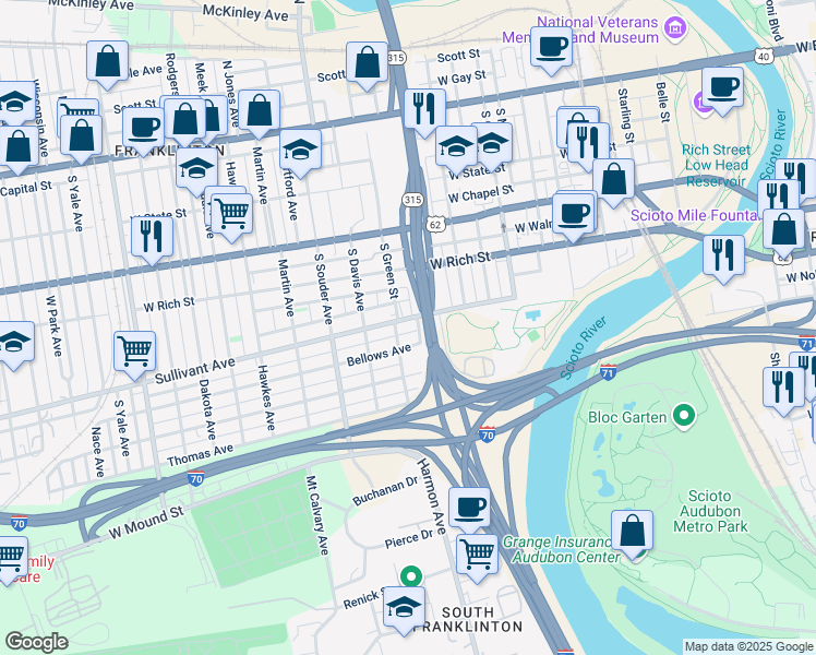 map of restaurants, bars, coffee shops, grocery stores, and more near 726 Sullivant Avenue in Columbus