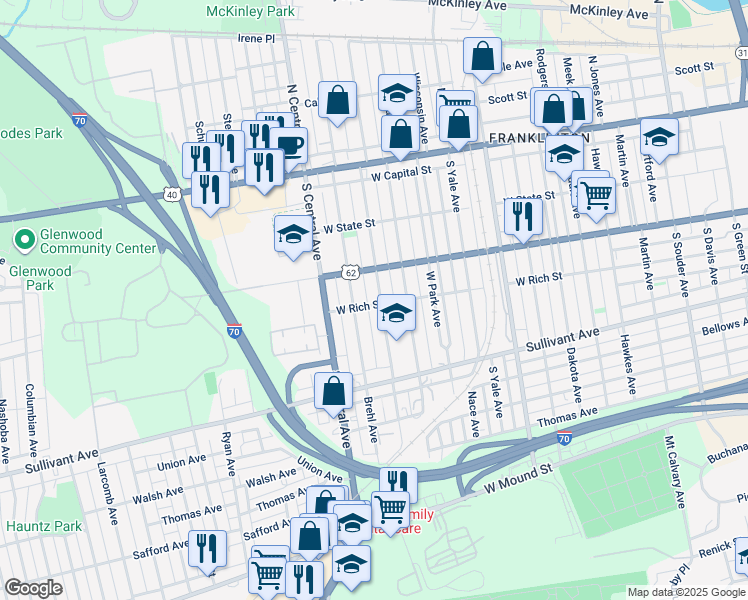 map of restaurants, bars, coffee shops, grocery stores, and more near 189 Dana Avenue in Columbus
