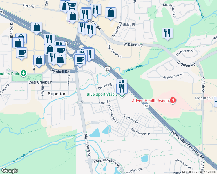 map of restaurants, bars, coffee shops, grocery stores, and more near Main Street in Superior