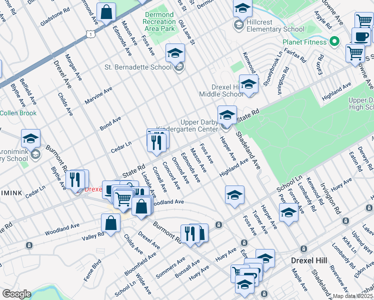 map of restaurants, bars, coffee shops, grocery stores, and more near 3608 State Road in Drexel Hill