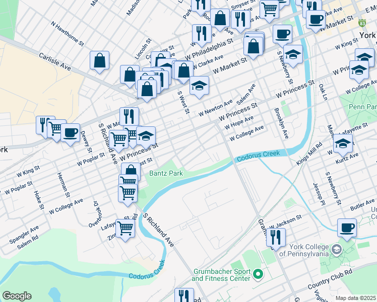 map of restaurants, bars, coffee shops, grocery stores, and more near 640 Salem Avenue in York