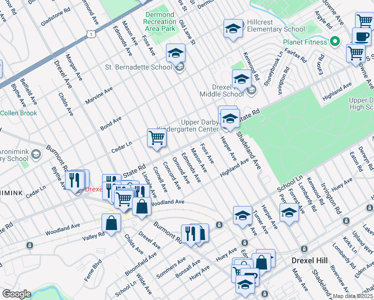 map of restaurants, bars, coffee shops, grocery stores, and more near 3608 State Road in Drexel Hill